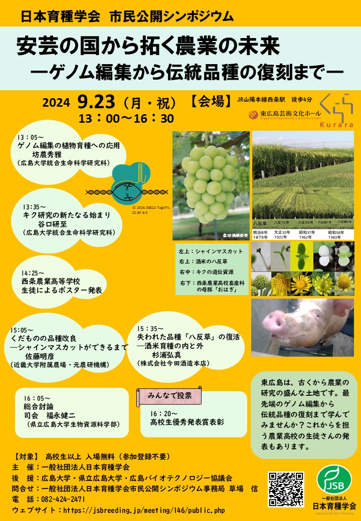 一般社団法人　日本育種学会市民公開シンポジウム　安芸の国から拓く農業の未来　―ゲノム編集から伝統品種の復刻まで―